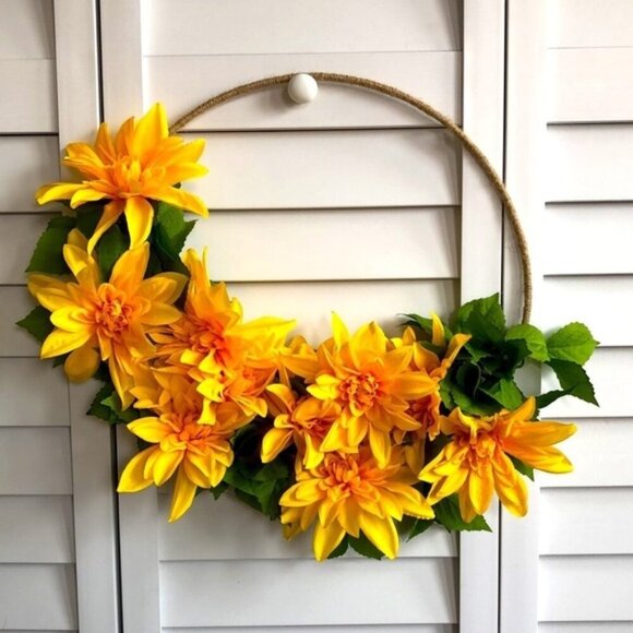 Other - Yellow Dahlia Flower Leaf Floral Decor Hawaiian Sunshine Twine Tweed Hoop Wreath